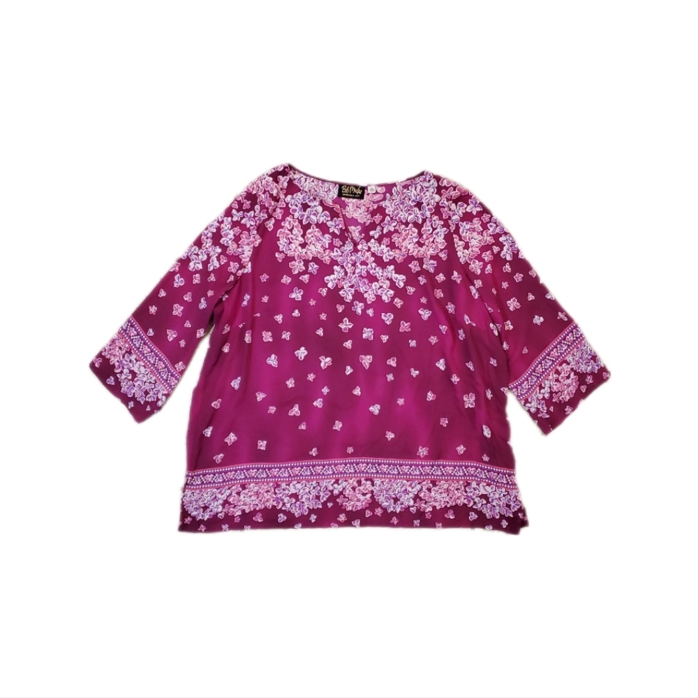 Bob Mackie Wearable Art Magenta Cherry Blossom V-Neck Tunic Blouse 3XL